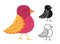 Bird with different ornaments cartoon or stamp doodle outline set modern trendy comic vector