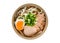bird eyes view Japanese noodles, Udon with chicken and boiled egg in soybean paste (Miso) soup on white background