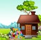 Bird Family In Front of Brown Wood House In GRass Field With Mountain Range Background Cartoon