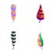 Bird feather icons set cartoon vector. Vibrant multicolored feather