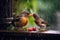 bird feeding chicks during a gentle rain, water droplets visible