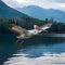 Bird in Flight Dalmatian Pelican Over Serene Mountain Lake