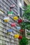 Bird houses plastered on the wall of a house on Long Island, New York.