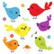 Bird icon set. Cute cartoon colorful character. Birds baby collection. Decoration element. Singing song. Flower, worm insect, musi