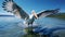 Bird landing to the blue lake water. Bird fly. Dalmatian pelican, Pelecanus crispus. Generative AI