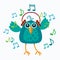 Bird Listen Music Wear Headphones Dancing Notes