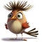 a bird with a mohawk on its head and eyes looking angry with a frown on its face and a long tail