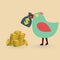 Bird with money bag & coins