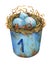 Bird nest with blue eggs in a rusty metal buckets, home decor for Easter.