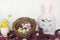 Bird nest with easter almond eggs  chocolate bunny missing a bite  treat box with almods and decorative chick