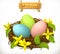 Bird nest, Easter eggs and spring flowers. vector icon