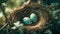 Bird Nest with Spotted Robin Eggs Within In the Tree - Generative AI