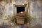 bird nest in a vent on a rustic, weathered wall