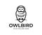 Bird owl linear sits on branch, logo design. Animal, wildlife, nature and night predatory bird, vector