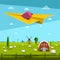 Bird on Paper Plane with Farm on Field