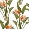 Bird of paradise tropical orange flower seamless pattern. Jungle exotic plant for fabric design. South African blossom flower, str