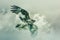 A bird of prey superimposed with the texture of a dramatic cloudy sky in a double exposure