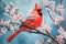 Bird red cardinal sitting on a branch of sakura blossoms. Generative AI