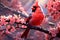 Bird red cardinal sitting on a branch of sakura blossoms. Generative AI