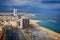 Bird\'s eye view at the beach of Barcelona, Spain.