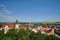 Bird`s eye view of the church, town hall and market