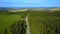 Bird's-eye view. Clip. A huge forest with dry fields behind and a beautiful clear sky on the milestone and a small pond