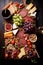 Bird\\\'s-eye view of gourmet charcuterie board with meats cheeses fruits and nuts