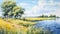Bird\\\'s Eye View Landscape Painting: Marsh With Dnieper River And Willow Trees