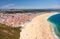 Bird`s-eye view on Nazare beach riviera on the coast of Atlantic