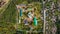 Bird`s eye view of an old church in a village on a beautiful summer day. Picture from above an ancient church during day time