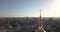 A bird`s eye view, panoramic video from the drone in 4K to the the golden dome of Saint Sophia`s Cathedral in the city