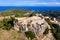 Bird's eye view of ruined rock fortress scenic view in Begur, Catalonia