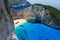 Bird`s eye view of Shipwreck bay and beach with tourist ships, Zakynthos, Greece