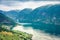 Bird`s-eye view of Sognefjorden fjord. Colorful summer scene with Aurlandsvangen village, Norway. Traveling concept background.