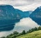 Bird`s-eye view of Sognefjorden fjord. Colorful summer scene of Norway. Traveling concept background. Instagram filter toned