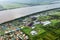 Bird`s-eye view of the suburbs of Georgetown and the river Demerara, rum factory