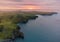 Bird`s-eye view sunrise of an Unnamed bay on island of Shikotan, Kuril Islands