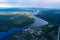 Bird`s eye view of Svir river and green forests of Leningrad region.