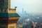 A bird sits atop a towering building, looking out over the cityscape, A mosque\\\'s minaret against a cityscape, AI Generated