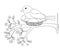 A bird sits in a nest on a flowering spring branch - vector linear picture for coloring. A small bird - a sparrow hatches eggs in
