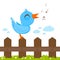 Bird sitting on a fence and singing. Vector illustration