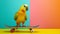 bird on skateboard. Vibrant animated bird skillfully skateboarding on colorful background. Funny bird on a skateboard on a pink