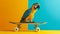 bird on skateboard. Vibrant animated bird skillfully skateboarding on colorful background. Funny bird on a skateboard on a pink