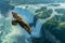 A bird soars through the air above a powerful waterfall,