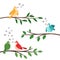 Bird songs. Singing birds friends on tree branches, birdes cartoon musical baby background, romantic couple banner