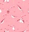Bird Stilt Cute Seamless pattern with water lilies. Vector wetland animal illustration on pink background