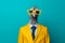 a bird in a suit with glasses on, blue background