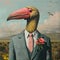 A bird in a suit and tie embodies a clever adaptation in a skythemed painting