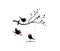 Bird on swing on branch and flying bird holding heart, vector