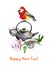 Bird tit, tea pot, flower - new year card. Watercolor
